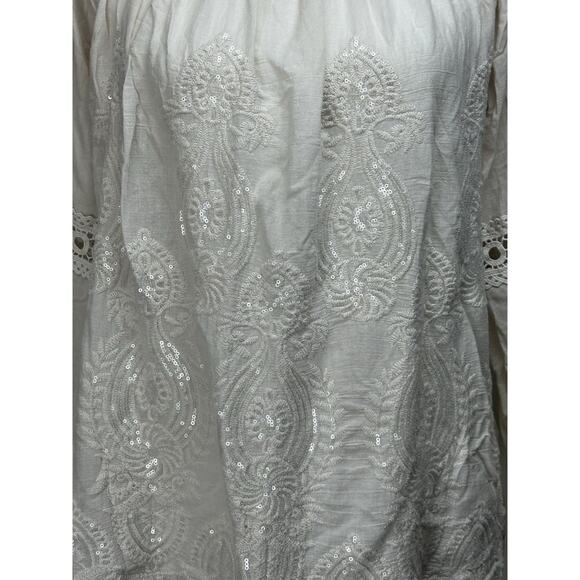Kaktus Women’s Sz L Ivory Beige Sequins Embroidery Embellished Peasant Top - Picture 2 of 11